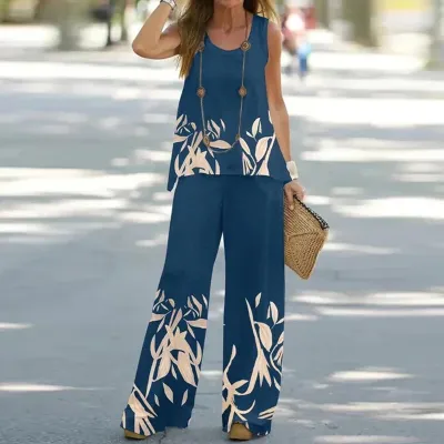 Women Casual Printed Wide-Leg Pants Set Urban Wind Style