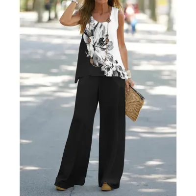 Women Casual Printed Wide-Leg Pants Set Urban Wind Style