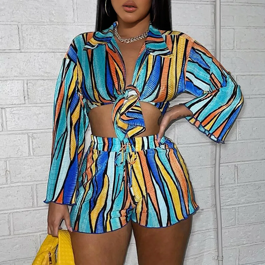 Women Colorful Print Street Hipster Shirt Shorts Set