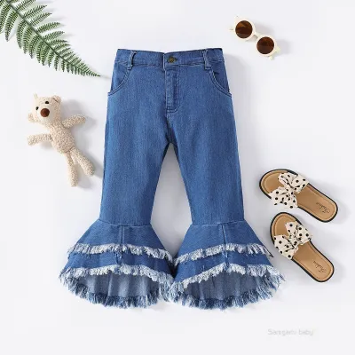 Girls Fashion Flared Denim Jeans All-Match Mid-Waist Long