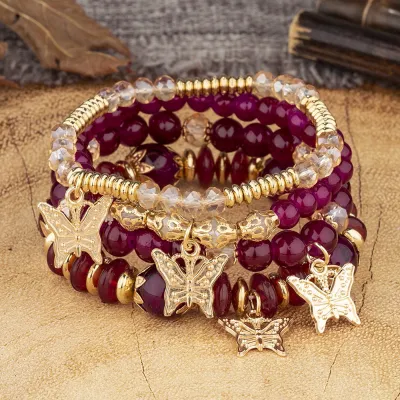 Bohemian Multi-Layer Beaded Butterfly Pendant Colorful Glass Bracelet