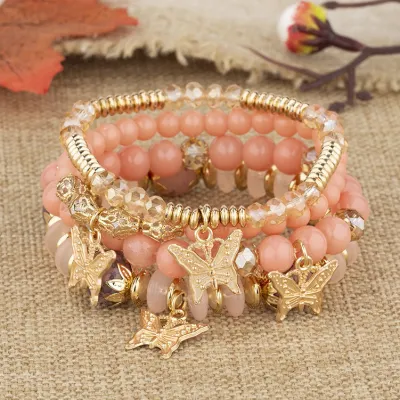 Bohemian Multi-Layer Beaded Butterfly Pendant Colorful Glass Bracelet