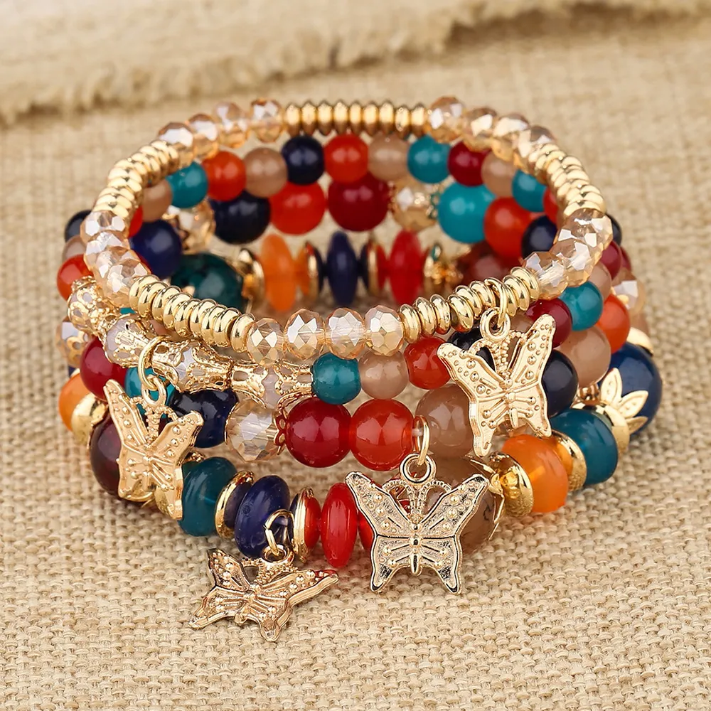 Bohemian Multi-Layer Beaded Butterfly Pendant Colorful Glass Bracelet