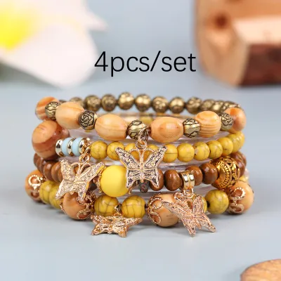 Vintage Bohemian Wood Beaded Butterfly Multilayer Unisex Bracelet