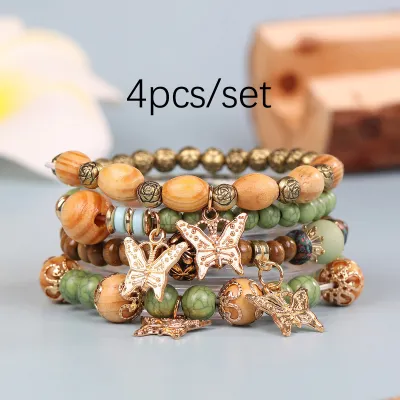 Vintage Bohemian Wood Beaded Butterfly Multilayer Unisex Bracelet