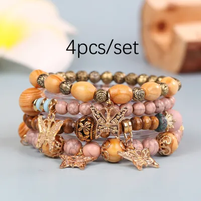 Vintage Bohemian Wood Beaded Butterfly Multilayer Unisex Bracelet