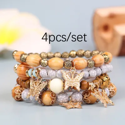 Vintage Bohemian Wood Beaded Butterfly Multilayer Unisex Bracelet