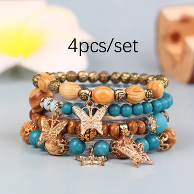Vintage Bohemian Wood Beaded Butterfly Multilayer Unisex Bracelet