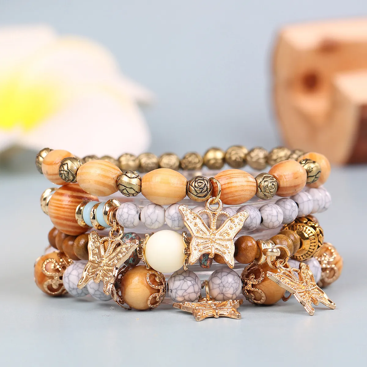 Vintage Bohemian Wood Beaded Butterfly Multilayer Unisex Bracelet