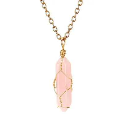 Handmade Wound Natural Crystal Hexagon Pendant Necklace