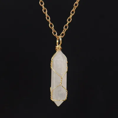 Handmade Wound Natural Crystal Hexagon Pendant Necklace