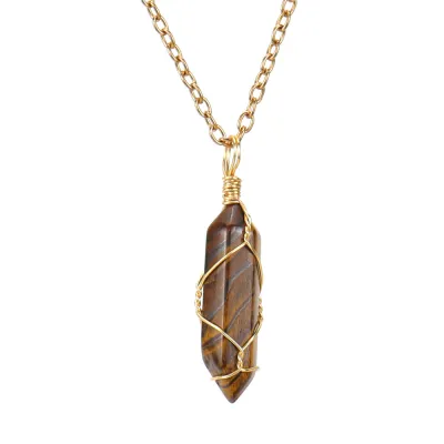 Handmade Wound Natural Crystal Hexagon Pendant Necklace