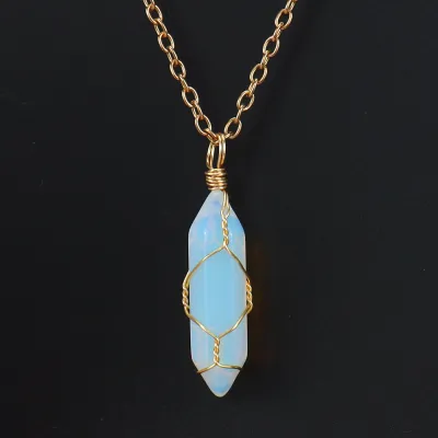 Handmade Wound Natural Crystal Hexagon Pendant Necklace
