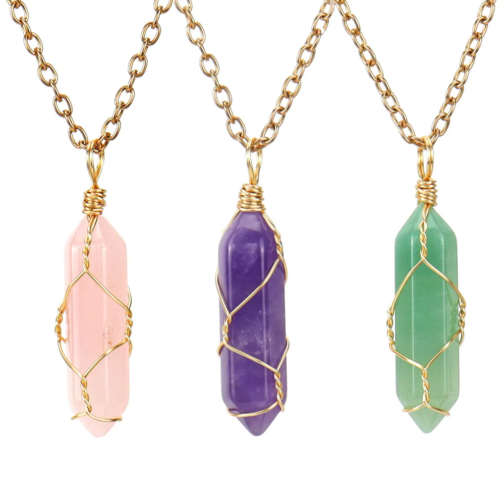Handmade Wound Natural Crystal Hexagon Pendant Necklace