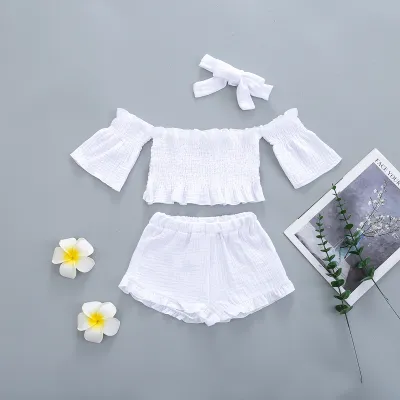 Girls Solid Color Cotton Three-Piece Set Short Sleeve Pullover Shorts for Kids 3-14T
