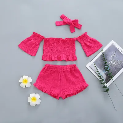 Girls Solid Color Cotton Three-Piece Set Short Sleeve Pullover Shorts for Kids 3-14T