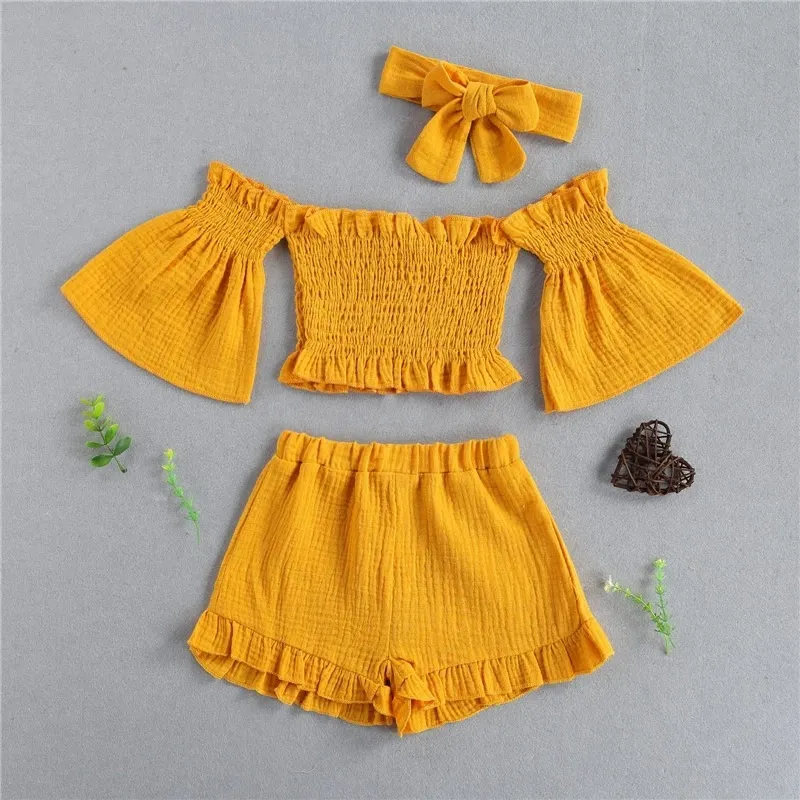Girls Solid Color Cotton Three-Piece Set Short Sleeve Pullover Shorts for Kids 3-14T