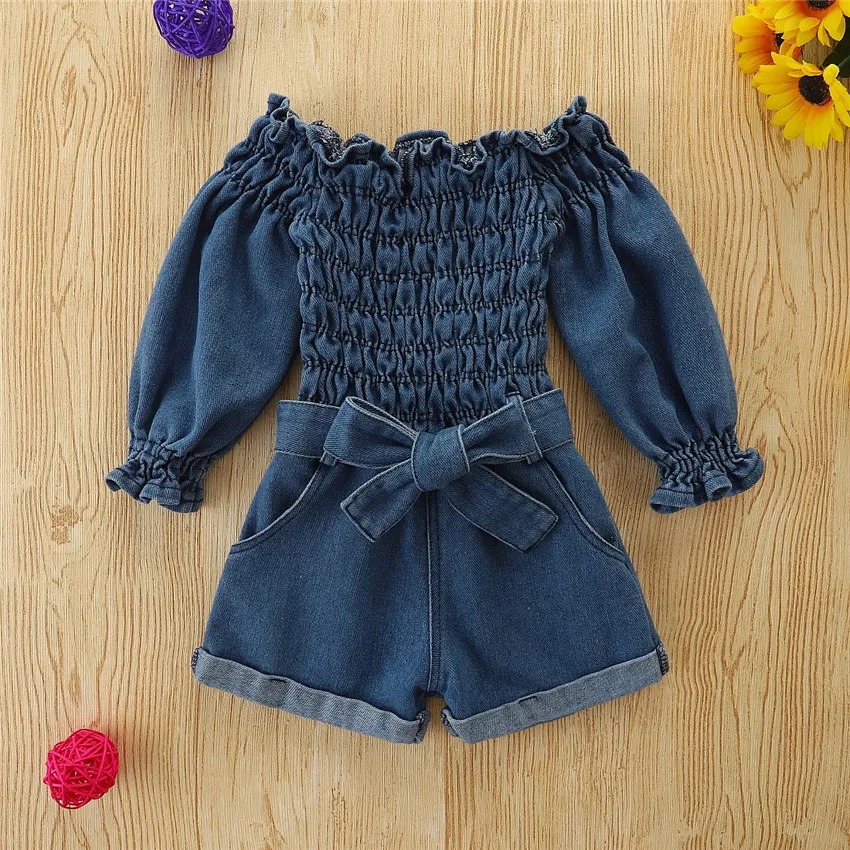Children Girl Fashion Off-Shoulder Denim Rompers Shorts Mid-Waist Solid Color