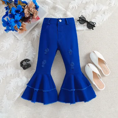 Children Girl's Ripped Double-Layer Flare Denim Jeans