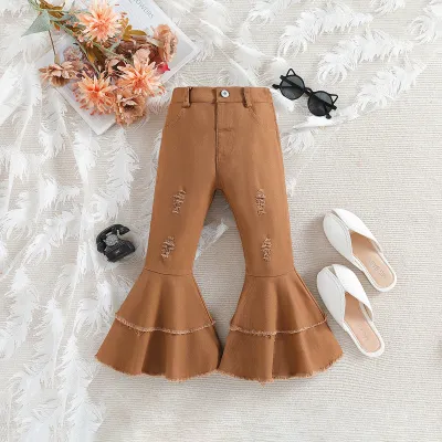 Children Girl's Ripped Double-Layer Flare Denim Jeans