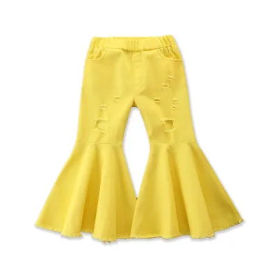 Girls Fashion Flared Mid-Waist Denim Jeans Solid Color Long