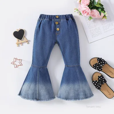Girls Fashion Flared Mid-Waist Denim Jeans Solid Color Long