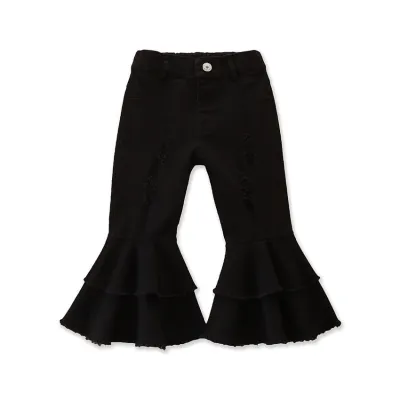 Girls Fashion Flared Mid-Waist Denim Jeans Solid Color Long