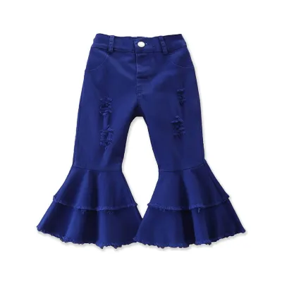 Girls Fashion Flared Mid-Waist Denim Jeans Solid Color Long