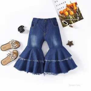 Girls Fashion Flared Mid-Waist Denim Jeans Solid Color Long