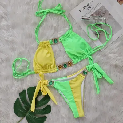 Women Sexy Color Contrast Rhinestone Bikini