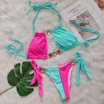 Women Sexy Color Contrast Rhinestone Bikini