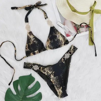 Women Sexy Snake Pattern Bronzing Polyester Bikini