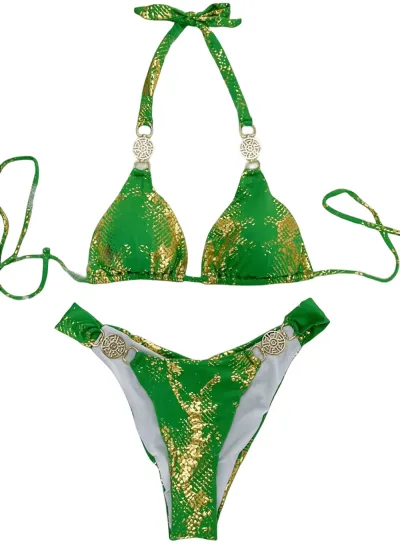 Women Sexy Snake Pattern Bronzing Polyester Bikini