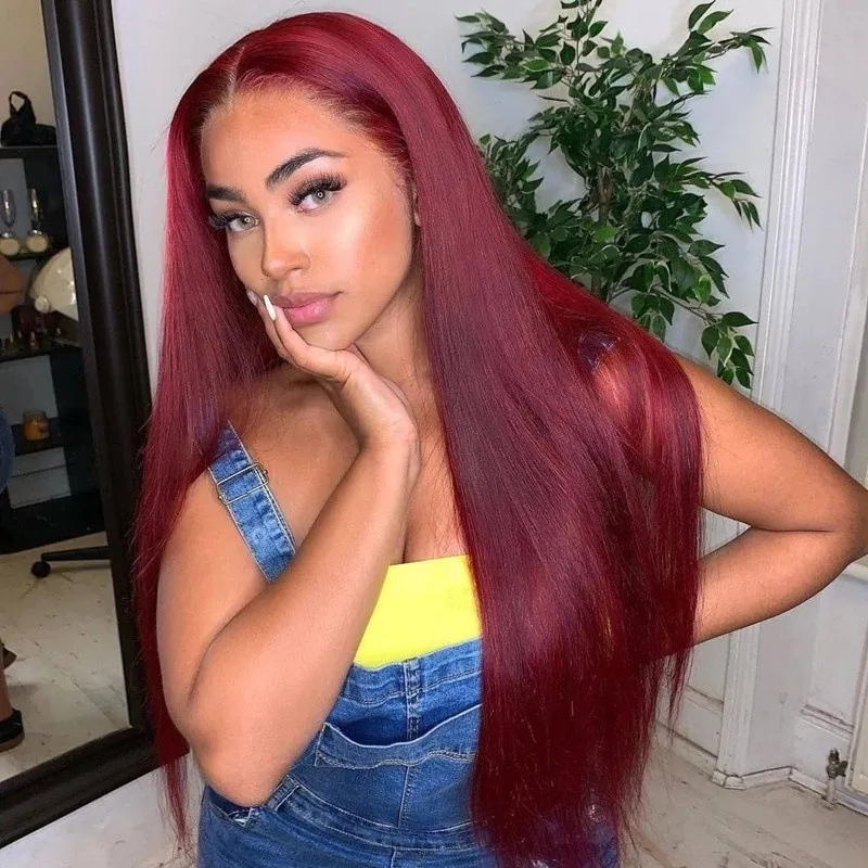 Women Fashion Burgundy Long Straight Wig with Long Bangs