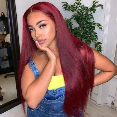 Women Fashion Burgundy Long Straight Wig with Long Bangs