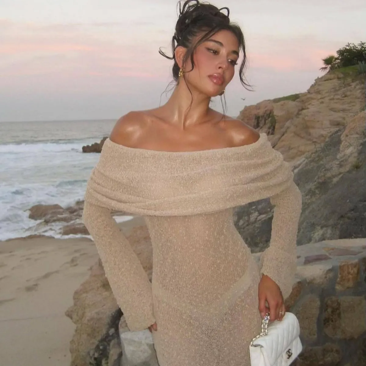 Summer Women Fashion Sexy Off Shoulder Knitted Hollow Long Sleeve Swimwear Cover-Ups