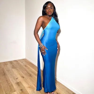 Summer Women Fashion Sexy Gradient Oblique Shoulder Backless Tight Maxi Dress