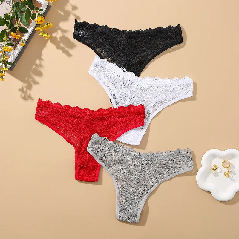 Women's Lace Perspective Low Waist Panties Solid Color
