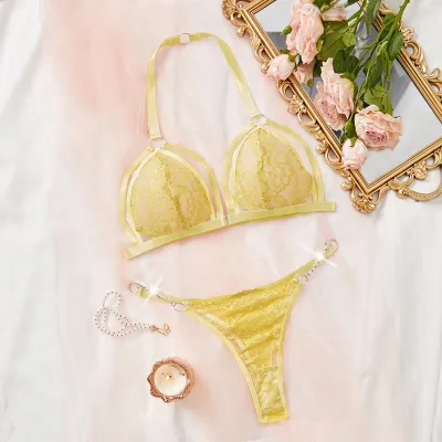 Women Fashion Sexy Lace Perspective Metal Chain Stitching Bra Set