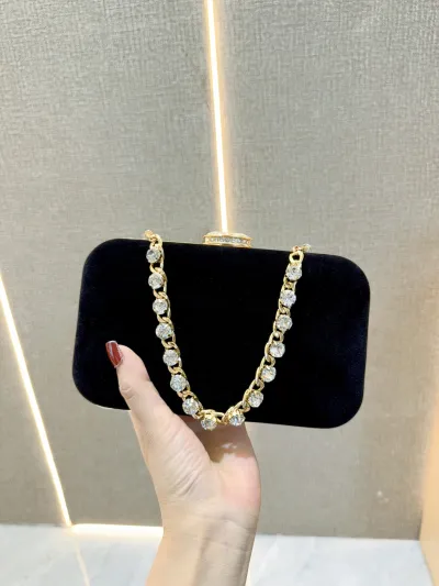 Women Fashion Solid Color Suede Rhinestone Handle Box Evening Bag