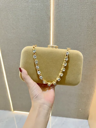 Women Fashion Solid Color Suede Rhinestone Handle Box Evening Bag