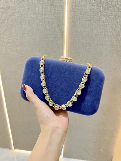 Women Fashion Solid Color Suede Rhinestone Handle Box Evening Bag