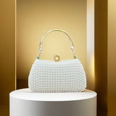 Women Fashion Black Pearl Handle Silicone Box Evening Bag