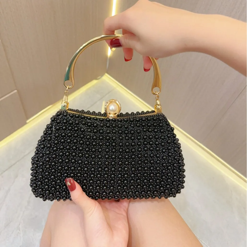 Women Fashion Black Pearl Handle Silicone Box Evening Bag