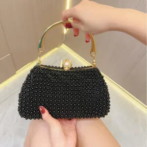 Women Fashion Black Pearl Handle Silicone Box Evening Bag