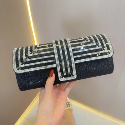 Women Rhinestone Clap Chain Evening Baguette Bag