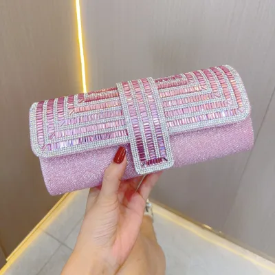 Women Rhinestone Clap Chain Evening Baguette Bag