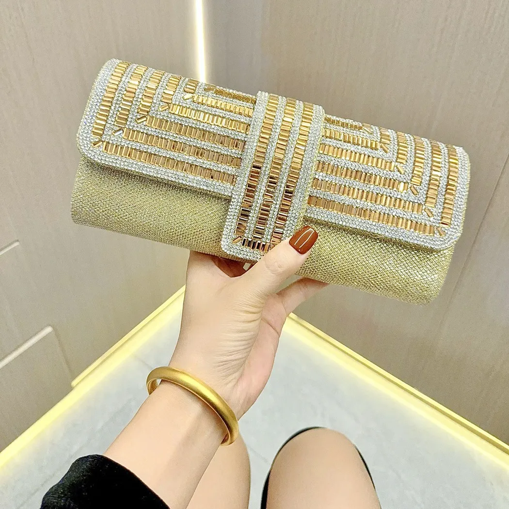 Women Rhinestone Clap Chain Evening Baguette Bag