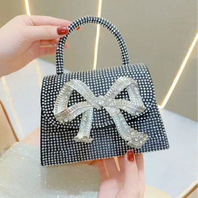 Women Rhinestone Square Bow Flap Handle Evening Bag