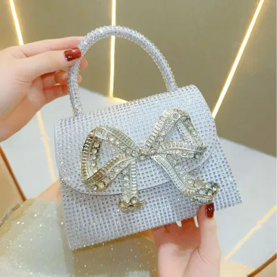 Women Rhinestone Square Bow Flap Handle Evening Bag